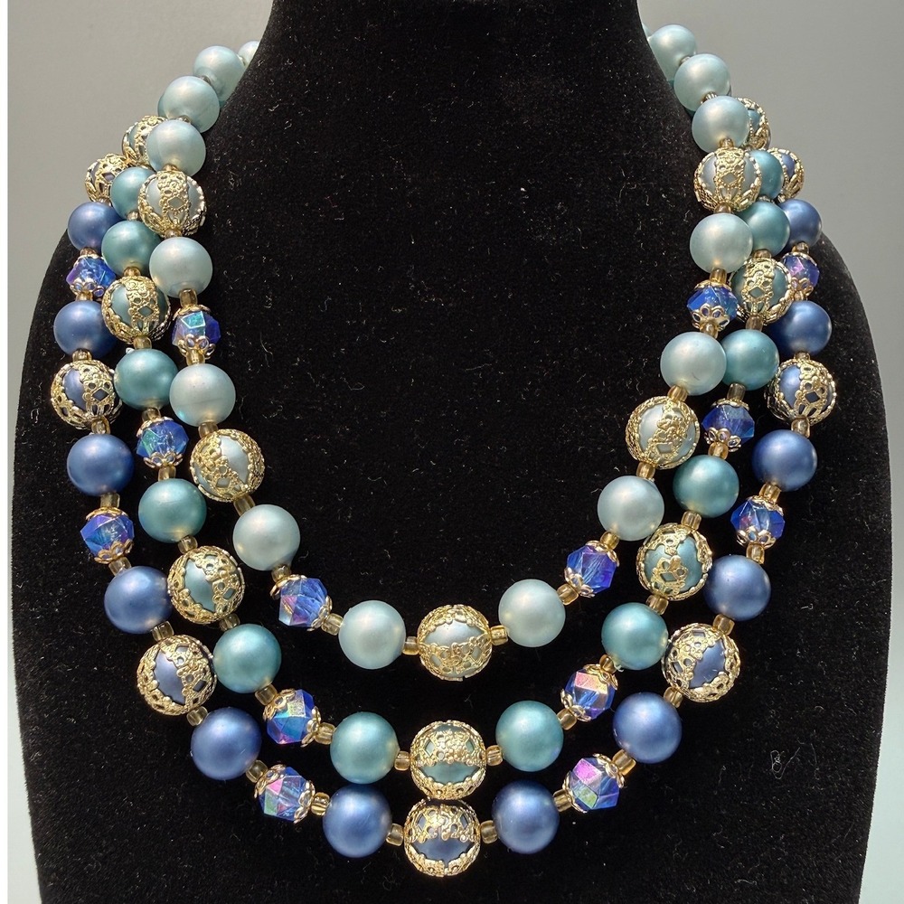 Vintage Blue 3 Strand Beaded Necklace 14" Graduated Faux Pearl Crystal Gold Tone